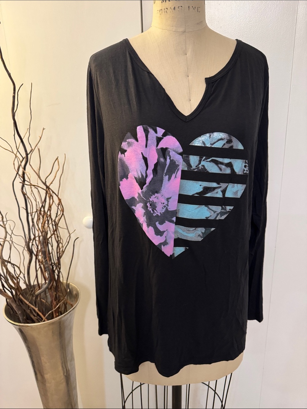 Hanes Black V-Neck Long Sleeve Top with Pink & Blue Heart Graphic
